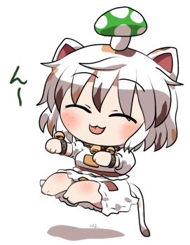 1girl :3 ^_^ animal_ears barefoot bell black_collar blush calico_(pattern) cat_ears cat_girl cat_tail chibi chibi_only closed_eyes closed_mouth collar commentary_request full_body goutokuji_mike highres jingle_bell multicolored_hair mushroom_on_head neck_bell paw_pose rokugou_daisuke shirt short_hair short_sleeves signature simple_background skirt skirt_set smile solo streaked_hair tail touhou white_background white_hair white_shirt white_skirt
