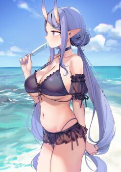 Rule 34 | 1girl, beach, bikini, black bikini, black choker, blue hair, blue sky, breasts, choker, cleavage, cloud, commentary request, day, detached sleeves, djheycha, fingernails, food, food in mouth, from side, highres, holding, holding food, holding popsicle, horns, large breasts, long fingernails, long hair, nail polish, navel, nijisanji, ocean, oni, outdoors, pointy ears, popsicle, popsicle in mouth, puffy short sleeves, puffy sleeves, purple eyes, purple nails, rindou mikoto, short sleeves, skin-covered horns, sky, solo, swimsuit, twintails, underboob, very long hair, virtual youtuber