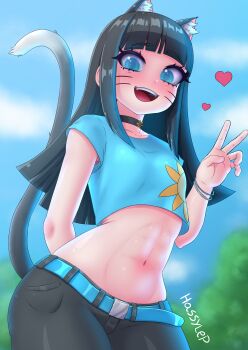 1girl abs absurdres animal_ears arms_behind_back artist_name belt black_choker black_hair black_pants blue_belt blue_eyes blue_shirt blue_sky blurry blurry_background boruto:_two_blue_vortex breasts cat_ears cat_girl cat_tail choker cloud cowboy_shot cropped_shirt day eyebrows eyelashes facial_mark female_focus from_below hand_up happy hassylep heart highres kemonomimi_mode loli long_hair looking_at_viewer looking_down muscular muscular_female naruto_(series) navel open_mouth outdoors pants shirt short_sleeves sky small_breasts smile solo standing tail teeth tongue upper_teeth_only uzumaki_himawari v