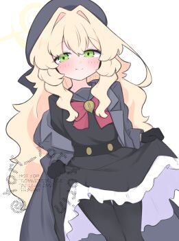 1girl beret black_gloves black_hat black_pantyhose black_serafuku black_shirt black_skirt blonde_hair blue_archive blush bow closed_mouth commentary_request feet_out_of_frame gloves green_eyes grey_jacket grey_sailor_collar hair_between_eyes hair_intakes halo hat highres jacket kujou_karasuma long_hair looking_at_viewer off_shoulder open_clothes open_jacket pantyhose professor_niyaniya_(blue_archive) red_bow sailor_collar school_uniform serafuku shirt simple_background skirt skirt_hold smile solo standing very_long_hair watermark white_background