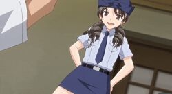 1boy 1girl animated animated_gif anime_screenshot asou_miyuri bare_legs blue_necktie blue_skirt censored doki_doki_little_ooya-san erection from_below grey_hair hat indoors loli long_hair looking_at_viewer looping_animation mosaic_censoring necktie penis police police_hat police_uniform policewoman skirt stepped_on stepping_on_penis