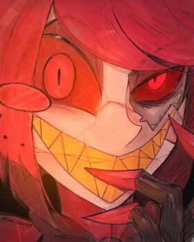 1boy alastor_(hazbin_hotel) artist_name black_bow black_bowtie black_hair bow bowtie colored_sclera grin hand_up hazbin_hotel hellaverse highres male_focus meme monocle multicolored_hair nakizura069 portrait red_eyes red_hair red_sclera sharp_teeth short_hair smile teeth two-tone_hair