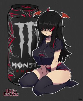 1girl black_hair black_shirt black_shorts black_thighhighs breasts can choker commentary drink_can english_commentary film_grain fruithead full_body grey_background hair_over_eyes head_wings highres large_breasts monster_energy multicolored_hair navel open_mouth original red_wings shirt short_shorts short_sleeves shorts signature sitting solo thighhighs thighs torn_clothes two-tone_hair wariza wings