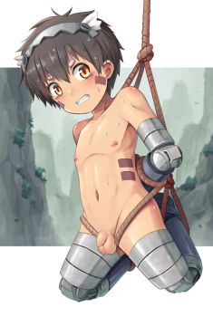 1boy absurdres android bdsm black_hair bondage bound clenched_teeth daikung facial_mark flaccid foreskin headband highres looking_at_viewer made_in_abyss male_focus nude penis reg_(made_in_abyss) restrained rope shota slit_pupils solo sweat tears teeth testicles uncensored yellow_eyes