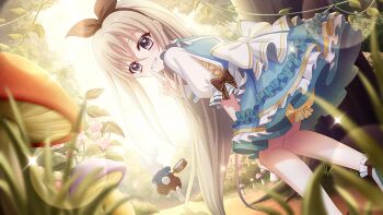 1girl alice&#039;s_adventures_in_wonderland alice_(alice_in_wonderland) alice_(alice_in_wonderland)_(cosplay) animal arm_cutout back_bow black_bow black_hairband black_pants blonde_hair bloomers blue_dress blue_shirt blurry blurry_foreground bow bow_hairband brown_bow clothed_animal clothing_cutout cosplay day dot_nose dress dutch_angle film_grain finger_to_mouth flower from_behind game_cg grin hair_between_eyes hairband hand_on_own_knee hand_up index_finger_raised izumi_tsubasu leaning_forward lens_flare long_hair looking_at_viewer looking_back mushroom nature non-web_source official_art outdoors pants pink_flower pink_rose plant pocket_watch purple_eyes re:stage! rose running sakura_miu shirt shushing smile socks sparkle tree underwear vines watch white_bow white_rabbit_(alice_in_wonderland) white_socks yellow_bloomers