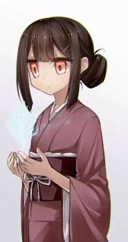 1girl black_hair breasts brown_kimono fate/kaleid_liner_prisma_illya fate_(series) hair_bun hair_ornament hairclip highres japanese_clothes kimono long_hair long_sleeves miyu_edelfelt obi orange_eyes sash small_breasts solo wide_sleeves yubeshi_(zecxl)