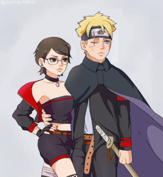 belt blonde_hair boruto:_two_blue_vortex cloak earrings jacket jewelry naruto_(series) necktie one_eye_closed short_hair shorts simple_background sword uchiha_sarada uzumaki_boruto weapon