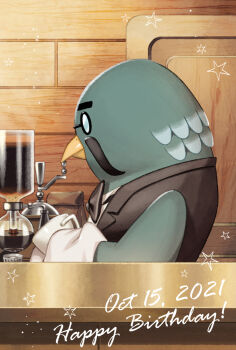 Rule 34 | 1boy, animal crossing, bird, bird boy, black-framed eyewear, black bow, black bowtie, black vest, bow, bowtie, brewster (animal crossing), cafe, closed mouth, cloth, coffee maker, coffee mug, cup, dated, doodle inset, drying, expressionless, from side, furry, glasses, happy birthday, highres, holding, holding cloth, holding cup, indoors, looking ahead, male focus, mug, nintendo, pigeon, pince-nez, profile, solo, star (symbol), traditional bowtie, tsutsuji (hello x 2), upper body, vest