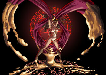 1girl :d animal_ears black_background borrowed_character breasts brown_background brown_hair dark_skin fangs goat_ears goat_horns goat_tail highres horns kody_(pudgeruffian) large_breasts long_hair messy_hair nipples nude open_mouth original pentagram smile solo standing summoning tail teeth tinkley upper_teeth_only