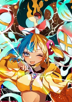 1girl aqua_hair bandeau black_mask blonde_hair blue_eyes blue_skin blush breasts canari_(pokemon) colored_sclera colored_skin criss-cross_straps dark-skinned_female dark_skin eel eelektross electricity fangs fish gen_5_pokemon highres jacket lamprey long_sleeves looking_at_viewer mask mask_pull medium_breasts mega_eelektross mega_pokemon mega_stone mouth_mask multicolored_hair multicolored_skin nintendo one_eye_closed open_mouth pokemon pokemon_(creature) pokemon_legends:_z-a red_sclera short_twintails smile split-color_hair sports_bra to_camellia twintails two-tone_hair two-tone_mask two-tone_skin upper_body white_skin yellow_bandeau yellow_jacket yellow_mask yellow_sports_bra