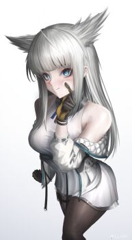 Rule 34 | 1girl, absurdres, animal ears, arknights, arknights: endfield, bare shoulders, black gloves, black pantyhose, blue eyes, blunt bangs, blush, closed mouth, cowboy shot, dress, extra ears, gloves, hand on own cheek, hand on own face, hand up, highres, jacket, kafu (kafu6416), long hair, long sleeves, looking at viewer, off shoulder, open clothes, open jacket, pantyhose, perlica (arknights), simple background, sleeveless, sleeveless dress, smile, solo, white background, white dress, white hair, white jacket