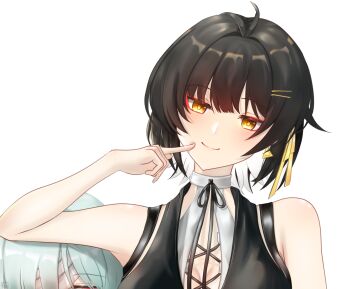 2girls bandage_over_one_eye black_hair breast_cutout breasts colored_inner_hair commentary earrings english_commentary female_rover_(wuthering_waves) hair_between_eyes highres jewelry low_ponytail medium_hair multicolored_hair multiple_girls phrolova_(wuthering_waves) ponytail rchazi red_eyes red_pupils rover_(wuthering_waves) simple_background smile triangle_earrings white_hair wuthering_waves yellow_eyes