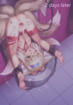 1girl absurdres aftersex animal_ears anus arknights barefoot blonde_hair blue_hairband blurry body_writing breasts censored chain cipozhong_yundepeitela commentary_request completely_nude cuffs cum cum_in_ass cum_in_pussy cum_on_body cumdrip cumdump fox_ears fox_girl fox_tail gaping green_eyes hairband highres human_toilet kitsune kyuubi loli mosaic_censoring multiple_tails nipples nude one_eye_closed parted_lips pussy restrained shackles shibari small_breasts solo suzuran_(arknights) tail tally timestamp upside-down urinal