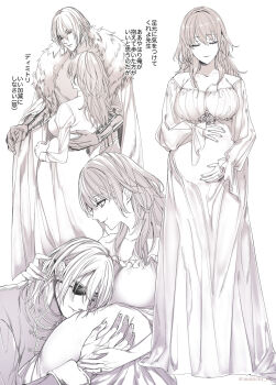 Rule 34 | 1boy, 1girl, arm around another's back, breasts, cleavage, cloak, closed eyes, closed mouth, commentary request, couple, dimitri alexandre blaiddyd, dimitri alexandre blaiddyd (timeskip), dress, eyepatch, female byleth (fire emblem), fire emblem, fire emblem: three houses, fur-trimmed cloak, fur trim, hair between eyes, hand in another's hair, hand on another's stomach, hands on own stomach, hetero, highres, husband and wife, jewelry, large breasts, light smile, long dress, long hair, long sleeves, looking at another, medium hair, mokichi xx, nintendo, off-shoulder dress, off shoulder, pregnant, puffy long sleeves, puffy sleeves, ring, scar, scar on hand, twitter username, wedding ring, white background
