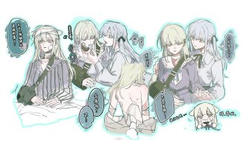 2girls absurdres animal_ears bandages bandaid bandaid_on_face bang_dream! bang_dream!_it's_mygo!!!!! black_ribbon blue_dress blue_hair bone chinese_commentary chinese_text commentary_request dog_ears dog_girl dress feeding green_hair hair_ornament hairclip highres injury kemonomimi_mode long_hair multiple_girls ne2op neck_ribbon ribbon shirt sidelocks togawa_sakiko translation_request wakaba_mutsumi white_shirt