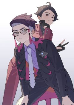 Rule 34 | 2boys, ahoge, alternate costume, amakara000, black coat, black gloves, black pants, brown eyes, brown hair, buttoned cuffs, buttons, closed mouth, clothing cutout, coat, collared shirt, commentary request, corbeau (pokemon), feet out of frame, formal clothes, frown, glasses, glove cutout, gloves, hand on own chin, hands on own knees, head rest, highres, jacket, lapels, long sleeves, looking to the side, male focus, medium sideburns, multiple boys, necktie, nintendo, pants, parted hair, partially fingerless gloves, paxton (pokemon), pokemon, pokemon legends: z-a, purple hair, purple shirt, red jacket, red pants, red suit, round eyewear, shirt, shirt tucked in, short hair, sideways glance, simple background, squatting, standing, suit, suit jacket, tassel, two-sided coat, two-sided fabric, v, white background, white necktie, wing collar