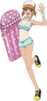 Rule 34 | 1girl, armpits, artist request, baseball cap, bikini, bikini shorts, black shoes, blue bikini, blue ribbon, breasts, brown hair, cleavage, collarbone, full body, game cg, green eyes, hat, highres, holding, holding surfboard, leia rolando, leia rolando (swimsuit), looking at viewer, medium breasts, multicolored shoes, navel, official alternate costume, official art, open mouth, orange hat, ribbon, shoes, short hair, shorts, smile, solo, standing, standing on one leg, striped bikini, striped clothes, surfboard, swimsuit, tales of (series), tales of asteria, tales of xillia, tan, tanline, third-party source, transparent background, waving, white bikini, yellow shoes