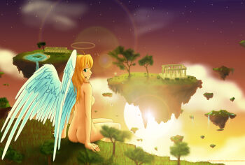1boy 1girl angel angel_wings ass blonde_hair breasts felarya floating_island giant giantess green_eyes highres medium_breasts nipples nude sunset tree wings