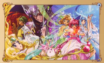 1990s_(style) 3boys 5girls absurdres aqua_hair blonde_hair blue_dress blue_eyes blue_hair border clamp creature double_bun dress fairy_wings fire green_dress green_eyes green_hair hair_bun highres hououji_fuu ishida_atsuko long_hair long_sleeves looking_at_another looking_at_viewer looking_up magic magic_knight_rayearth multiple_boys multiple_girls official_art open_mouth orange_hair parted_lips pink_dress profile red_eyes red_hair retro_artstyle ryuuzaki_umi scan shidou_hikaru short_hair sky sleeves_past_wrists smile sparkle tiara very_long_hair water wind wings