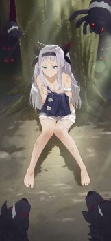 1girl absurdres against_tree armpit_crease black_hairband black_ribbon blue_eyes blurry breasts bug cleavage closed_mouth collarbone commentary_request depth_of_field dirty e_ga_ku full_body furrowed_brow grey_hair hair_ribbon hairband highres holding holding_unworn_clothes isekai_nonbiri_nouka knees_together_feet_apart light_particles light_rays long_hair looking_down medium_breasts monster on_ground pointy_ears ribbon rurushi_ru short_bangs sidelocks sitting solo spider sunbeam sunlight tearing_up torn_clothes tree two_side_up vampire wolf