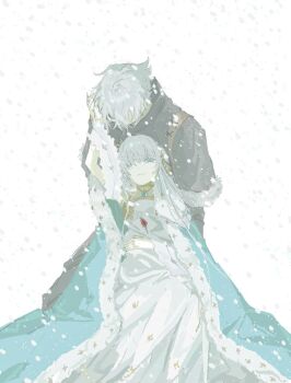 Rule 34 | 1boy, 1girl, anastasia (fate), aqua cape, aqua eyes, arm up, black pants, black shirt, black sleeves, blood, blood on clothes, blue gem, brooch, cape, commentary request, cross-laced clothes, cross-laced sleeves, dress, dying, eyelashes, facing another, fate/grand order, fate (series), fur-trimmed cape, fur-trimmed sleeves, fur trim, gem, grey hair, hair over one eye, hand on another's hand, hand on own stomach, head down, highres, hole in chest, hole on body, injury, jewelry, kadoc zemlupus, kneeling, korean commentary, long hair, looking at another, lying on person, olz7lkunn, outdoors, pants, shirt, short sleeves, smile, snowing, star (symbol), star print, strapless, strapless dress, tsurime, white background, white dress