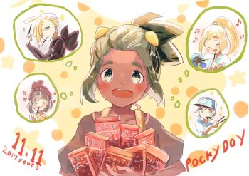 &gt;_&lt; 2017 2girls 3boys baseball_cap black_hair black_shirt blonde_hair collarbone cosmog elio_(pokemon) food food_in_mouth gen_7_pokemon gladion_(pokemon) green_eyes green_hair hat hau_(pokemon) legendary_pokemon life_neko72 lillie_(pokemon) multiple_boys multiple_girls nintendo open_mouth pocky pocky_day pocky_in_mouth pokemon pokemon_sm selene_(pokemon) shirt star_(symbol)