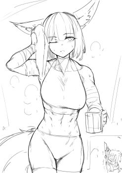 2girls abs animal_ears bandaged_arm bandages bike_shorts breasts cowboy_shot cup doodles exercising exhausted greenopi highres holding holding_cup holding_towel looking_ahead medium_breasts medium_hair monochrome motion_lines multiple_girls one_eye_closed original parted_lips shaking simple_background sketch sleeveless sportswear steam stomach sweat tail toned toned_female towel wiping_sweat