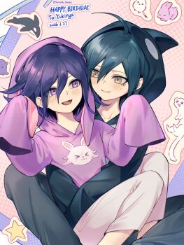 2boys ahoge animal_hood bird black_hair black_jacket blush brown_eyes closed_mouth commentary_request danganronpa_(series) danganronpa_v3:_killing_harmony dated ewa_(seraphhuiyu) hair_between_eyes happy_birthday highres hood hug jacket long_sleeves male_focus multicolored_hair multiple_boys oma_kokichi open_mouth orca_costume pants pink_eyes purple_hair rabbit saihara_shuichi short_hair smile sticker tongue two-tone_hair white_pants