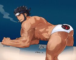 1boy abs absurdres all_fours alternate_body_hair arm_hair ass ass_hair back bara beard black_hair cheekbones chest_hair cigarette commission facial_hair feet_out_of_frame forehead_protector from_side hair_slicked_back hairy highres konohagakure_symbol leg_hair loboke looking_at_viewer male_focus male_underwear mature_male muscular muscular_male naruto_(series) naruto_shippuuden navel navel_hair pectorals presenting print_male_underwear sarutobi_asuma second-party_source seductive_smile short_hair signature smile smirk smoke smoke_trail smoking solo stomach strongman_waist thick_eyebrows thick_thighs thighs topless_male triceps underwear white_male_underwear