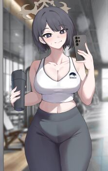 1girl absurdres black_eyes black_hair black_pants blue_archive bottle cellphone gym halo high-waist_pants highres hiromi_(blue_archive) holding holding_bottle holding_phone indoors kurochomo mirror pants phone short_hair smartphone smile solo sports_bra taking_picture tumbler white_sports_bra yoga_pants