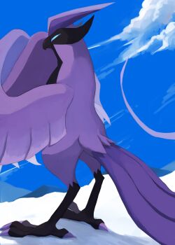 animal_focus beak bird blue_eyes blue_sclera blue_sky closed_mouth cloud colored_sclera galarian_articuno galarian_form gen_8_pokemon highres kou11021301 legendary_pokemon nintendo no_humans outdoors pokemon pokemon_(creature) pokemon_focus sky solo standing tail talons wings