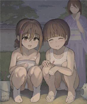2025 20s 3girls bikini blush breasts brown_eyes brown_hair bucket bush closed_eyes cloud collarbone dated fireworks flat_chest flip-flops hair_bun hair_ornament hairclip hand_on_another&#039;s_hand hand_on_own_knee highres holding_sparkler japanese_clothes july kimono loli long_sleeves looking_at_viewer mother_and_daughter multiple_girls night night_sky obi one-piece_swimsuit open_mouth original purple_kimono sandals sash short_hair sky small_breasts smile socks sparkler squatting standing star_(sky) starry_sky strapless strapless_bikini summer susu_(ysy) swimsuit tree white_bikini white_one-piece_swimsuit white_sandals white_socks wide_sleeves