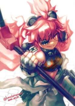 1girl ahoge animal_ears bare_shoulders bear_ears black_gloves breasts crop_top eyepatch fake_animal_ears fingerless_gloves gloves hair_between_eyes hair_ornament highres holding kaneda_masanori koleda_belobog long_hair looking_at_viewer midriff navel pants red_eyes red_hair solo sphere_hair_ornament twintails zenless_zone_zero