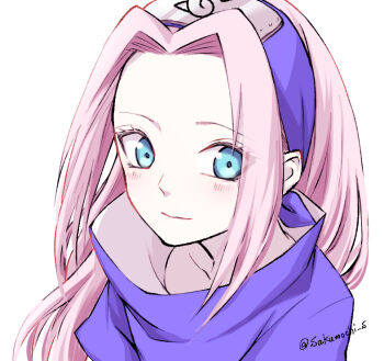 1girl blue_eyes blush closed_mouth cosplay haruno_sakura konohagakure_symbol long_hair looking_at_viewer mochiii-s naruto_(classic) naruto_(series) pink_hair short_sleeves smile solo twitter_username uchiha_sasuke uchiha_sasuke_(cosplay) upper_body white_background