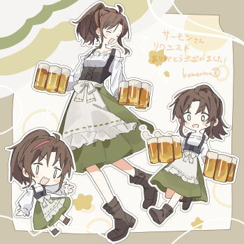 0_0 1girl :3 :d :o absurdres ahoge ankle_boots apron artist_name bare_shoulders blush bodice boots bow breasts brown_boots brown_hair chibi closed_eyes collarbone commentary commission cup dot_nose forehead frilled_apron frilled_shirt frills full_body green_background green_skirt hand_up hands_up highres holding holding_cup komerina long_sleeves looking_at_viewer medium_hair multicolored_hair multiple_views no_nose off_shoulder open_mouth original parted_bangs pink_streaks ponytail puffy_long_sleeves puffy_sleeves shirt sidelocks signature skirt small_breasts smile standing star_(symbol) streaked_hair sweatdrop translated v-shaped_eyebrows waist_apron walking waving white_apron white_background white_bow white_shirt |_|