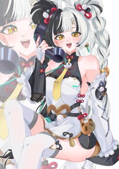1girl absurdres ashimi_fugo bare_shoulders black_hair braid breasts commentary_request detached_sleeves dialyn_(zenless_zone_zero) highres looking_at_viewer medium_breasts multicolored_hair nail_polish necktie open_mouth phone smile solo split-color_hair thighhighs twin_braids upper_body white_hair white_thighhighs yellow_eyes yellow_necktie zenless_zone_zero