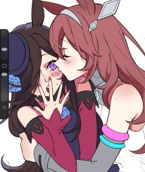 2girls :o animal_ears art_program_in_frame blue_dress blue_flower blue_hat blue_rose blush brown_hair closed_eyes commentary dress english_commentary enosst flower grey_hairband grey_leotard grey_sleeves hair_ornament hair_over_one_eye hairband hat hat_flower highres horse_ears horse_girl hug leotard long_hair long_sleeves mihono_bourbon_(mb-19890425)_(umamusume) mihono_bourbon_(umamusume) multiple_girls purple_eyes purple_nails red_sleeves rice_shower_(rosy_dreams)_(umamusume) rice_shower_(umamusume) rose simple_background strapless strapless_dress umamusume white_background yuri