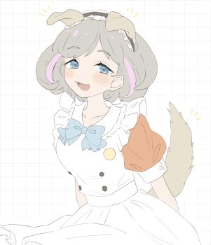 1girl :3 :d absurdres animal_ears blue_eyes breasts buttons collarbone collared_dress dog_ears dog_tail double-breasted dress grey_hair grid_background highres looking_at_viewer love_live! love_live!_superstar!! lower_teeth_only maid maid_headdress medium_breasts o_to_mo open_mouth orange_sleeves puffy_short_sleeves puffy_sleeves short_hair short_sleeves smile solo tail tang_keke teeth upper_body white_background white_dress