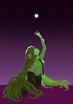 Rule 34 | absurdres, black necktie, bow, business suit, feng ban, formal clothes, gamergate, hair bow, highres, jacket, moon, necktie, night, ocean, orange eyes, red hair, suit, third-party edit, vivian james