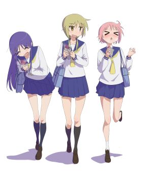 &gt;_&lt; 3girls absurdres black_socks blonde_hair blue_sailor_collar blue_skirt blush briefcase closed_eyes food friends highres hinata_yukari holding holding_food ichii_yui laughing long_hair multiple_girls neckerchief nonohara_yuzuko pink_hair pleated_skirt purple_hair roasted_sweet_potato sailor_collar school_briefcase school_uniform setsuna_bluem34 shadow shirt short_hair simple_background skirt socks sweet_potato white_background white_shirt white_socks yellow_eyes yellow_neckerchief yuyushiki