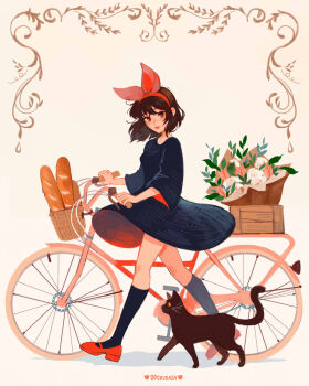 1girl artist_name baguette bicycle bicycle_basket black_cat black_dress bouquet bread brown_eyes brown_hair cat commentary dress flower food hairband jiji_(majo_no_takkyuubin) kiki_(majo_no_takkyuubin) kneehighs majo_no_takkyuubin medium_dress pink_flower pink_tulip red_hairband rose socks tulip vicki_tsai white_flower white_rose