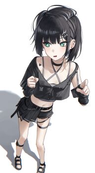 1girl absurdres asymmetrical_sleeves averting_eyes black_choker black_hair black_sandals black_shirt black_shorts black_skirt bob_cut bright_pupils choker clenched_hand commentary_request crop_top cropped_shirt earrings full_body green_eyes grey_shirt half-skirt heart heart_sticker highres jewelry midriff miniskirt navel open_mouth original pleated_skirt sandals shirt short_hair short_shorts shorts sidelocks simple_background skirt solo spike_piercing standing sticker sticker_on_shoulder stud_earrings suumon white_background white_pupils