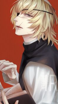 Rule 34 | 1boy, artist logo, badeni, black tabard, blonde hair, book, chi.: chikyuu no undou ni tsuite, commentary request, eyepatch, fingernails, highres, holding, holding book, iorbtyn, logo, looking at viewer, male focus, medium hair, red background, scar, scar on face, scar on mouth, scar on nose, simple background, solo, tabard, tonsure, upper body