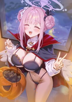 1girl angel_wings bikini black_bikini black_cape black_corset black_ribbon blue_archive blush bow breasts candy_wrapper cape closed_eyes commentary corset crescent_moon double_bun fangs feathered_wings fingernails flower groin hair_bun hair_ribbon halloween halloween_bucket halo happy heart highres huge_breasts long_hair long_sleeves low_wings mika_(blue_archive) moon navel open_mouth pink_hair pink_halo purple_flower red_cape reflection ribbon shrug_(clothing) sleeves_past_wrists smile solo stomach swimsuit teeth thighs tile_floor tiles two-sided_cape two-sided_fabric two-tone_cape upper_teeth_only v white_ribbon white_shrug white_wings window wings yampa yellow_bow