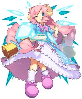 1girl ;o bell blue_capelet blue_eyes blush bow bowtie braid capelet commentary_request dot_nose footwear_bow full_body fur-trimmed_skirt fur_trim hand_up highres horns long_hair looking_at_viewer one_eye_closed open_mouth original pink_bow pink_bowtie pink_hair pink_shoes shoes simple_background skirt skirt_bow socks solo standing tekka_maki_(wafuu-bune) twin_braids white_background white_skirt white_socks