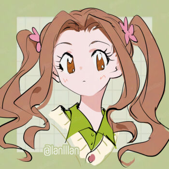 Rule 34 | 1girl, alternate costume, brown eyes, brown hair, cardigan, close-up, digimon, digimon adventure, green background, green shirt, lanlllan, long hair, shirt, simple background, solo, tachikawa mimi, twintails