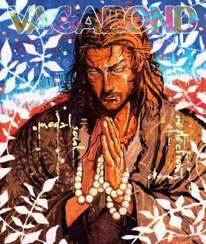 1boy beads beard brown_hair closed_mouth commentary copyright_name cross_scar curtained_hair english_commentary facial_hair faux_traditional_media forehead highres japanese_clothes kimono looking_to_the_side male_focus middle_part miyamoto_musashi_(vagabond) own_hands_together painterly prayer_beads praying samaaboi scar scar_on_face scar_on_forehead solo torn_clothes upper_body vagabond yellow_eyes