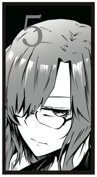 1girl absurdres black_border black_shirt border close-up closed_mouth commentary_request frown glasses greyscale highres jacket kiryuu_moeka long_hair looking_at_viewer monochrome narrowed_eyes portrait science_adventure shirt simple_background solo steins;gate steins;gate_0 yakku