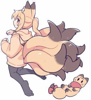 1girl animal_ear_fluff animal_ears black_pantyhose blonde_hair blush closed_mouth fox_ears fox_girl fox_tail full_body hands_up hood hood_down hoodie kitsune kneeling long_hair long_sleeves no_shoes original pantyhose ponytail red_eyes sidelocks simple_background smile solo suzuno_(suzuno3110) tail white_background yellow_hoodie