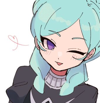 1girl aqua_hair beta_(inazuma_eleven) bodysuit commentary double_bun grey_bodysuit hair_bun heart highres inazuma_eleven inazuma_eleven_(series) inazuma_eleven_go inazuma_eleven_go_chrono_stone iu7snfxz251221 light_blush looking_at_viewer one_eye_closed pants protocol_omega purple_eyes smile solo white_background